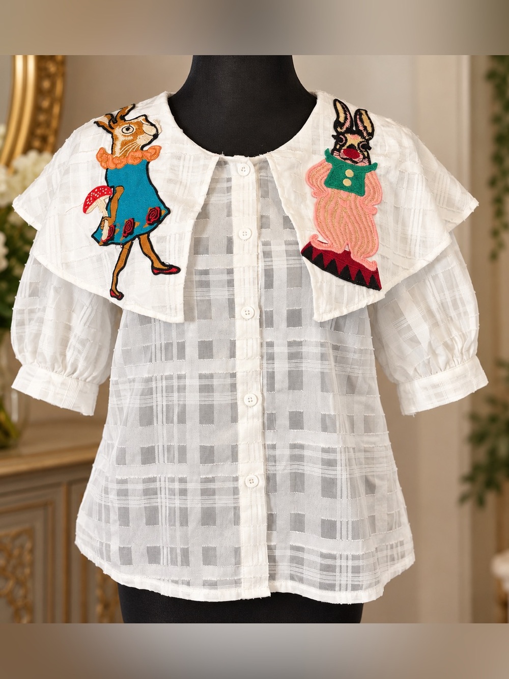 MANGEYI Whimsical Embroidered Rabbit Deer Blouse White Size L